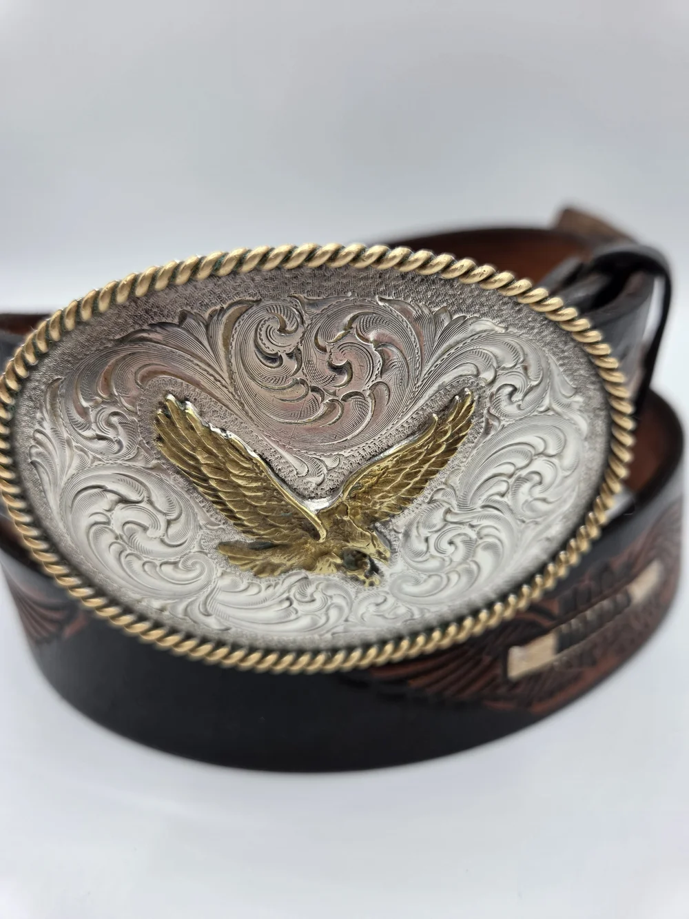 Honda Motor Leather Belt with Western Eagle Gold-Tone Buckle